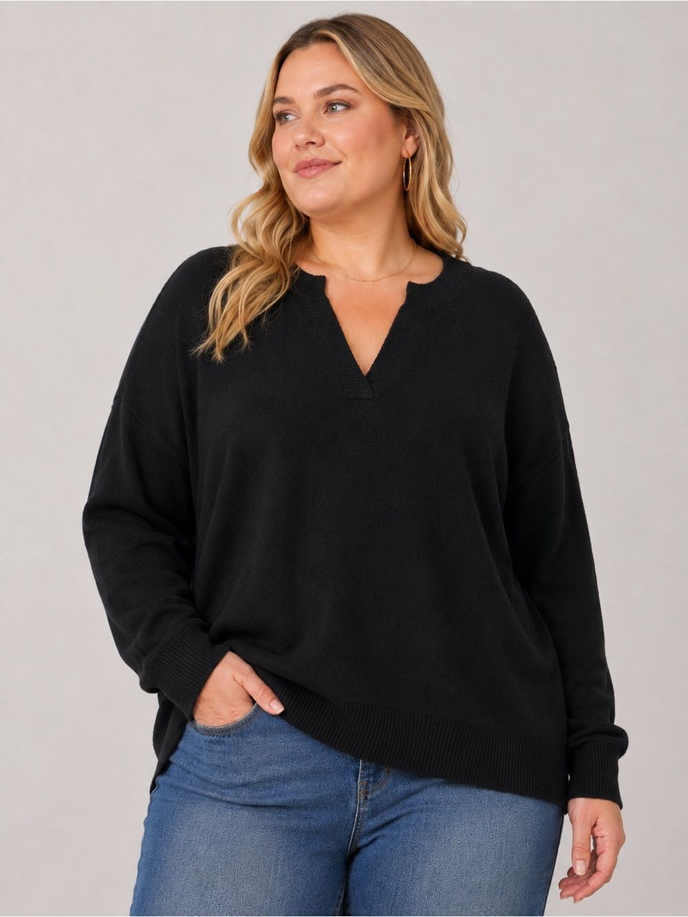 Vince Camuto Relaxed Fit Soft Knit V-Neck Drop Shoulder Sweater Black 1X NEW